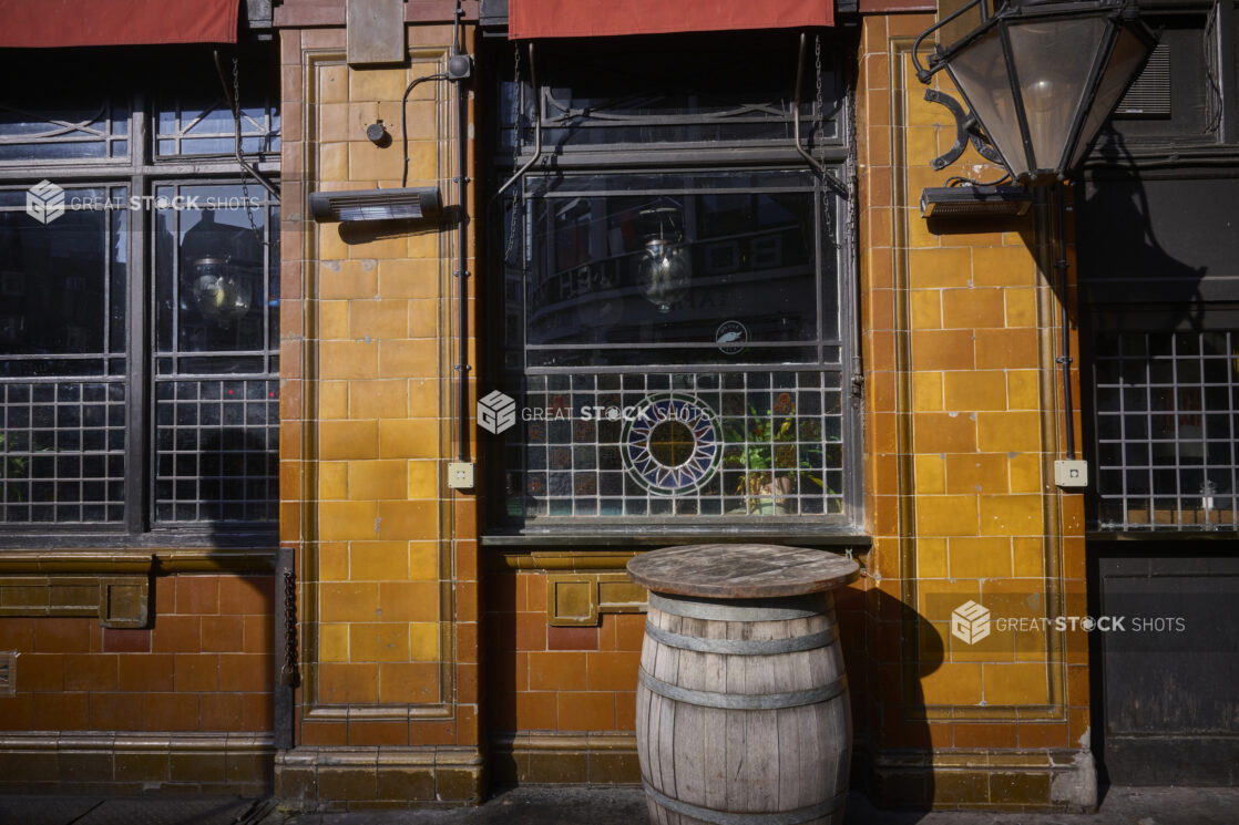 Whiskey Barrel outside a Pub at Night in London, England