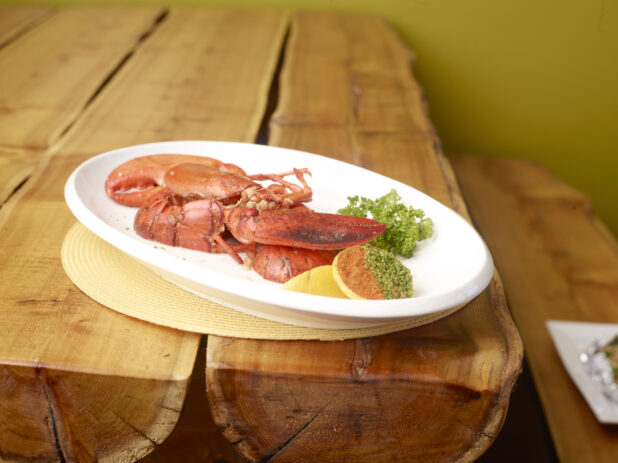 Whole Boiled Lobster Cut into Quarters on a Large White Platter with a Lemon Wedge and Cracker on a Wooden Table