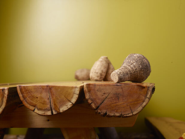 Raw Taro Root on Wooden Table with Green Background and Bokeh Effect - Variation