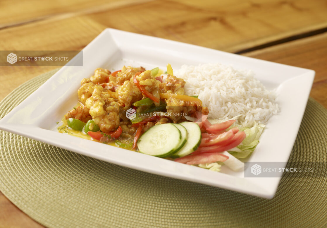 Breaded Shrimp Curry on Square White Dish with White Rice and Fresh Salad - Variation