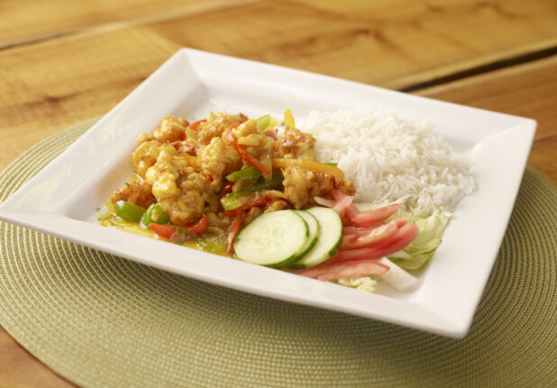 Breaded Shrimp Curry on Square White Dish with White Rice and Fresh Salad - Variation