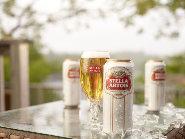 Stella Artois Tall Boy Cans and a Half-Pint Glass on a Patio Table with Ice Cubes in an Outdoor Setting