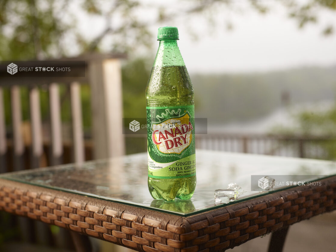 Plastic Bottle of Canada Dry Brand Ginger Ale on a Glass Patio Table with Ice Cubes in an Outdoor Setting