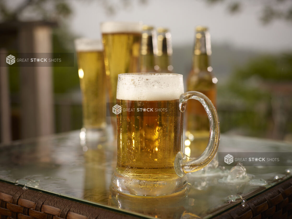 Close Up of Glass Stein of Draught Beer with Assorted Sized Glasses and Bottles of Beer on a Patio Table in an Outdoor Setting