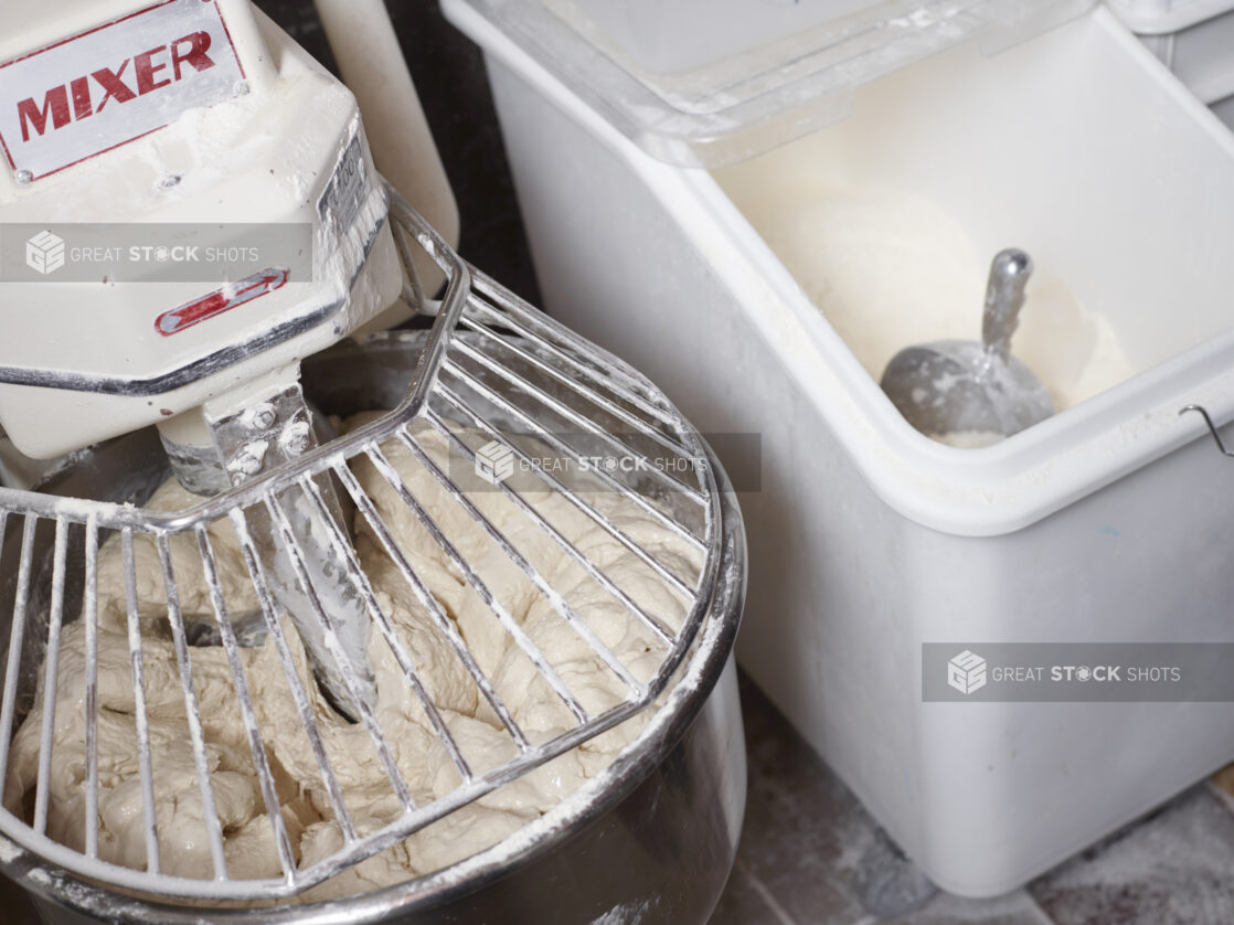 Professional Pizza Dough Mixer Machine with Flour Bin Close Up, no angle