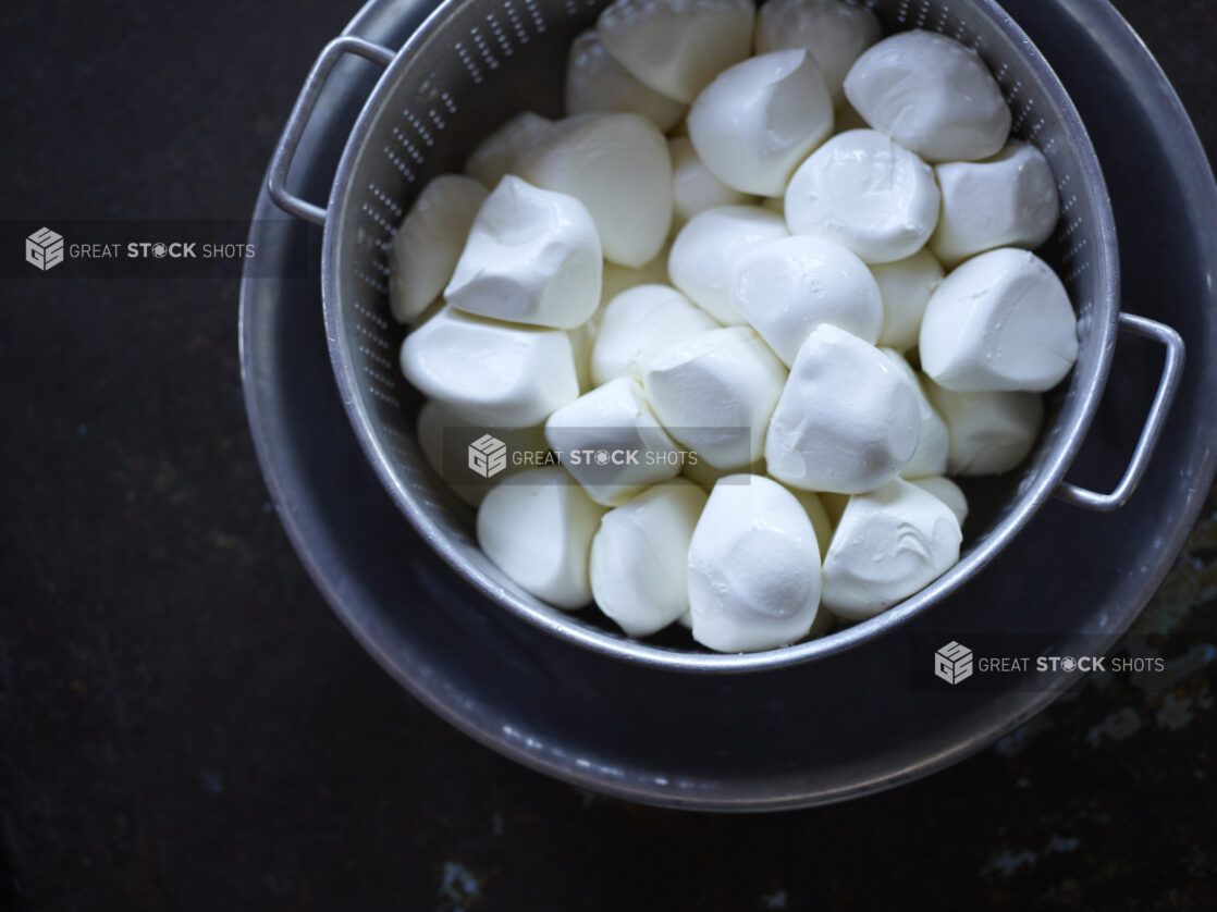 Fresh Mozzarella Cheese Balls in Strainer - Overhead