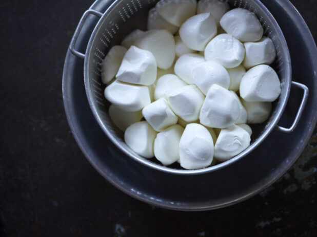 Fresh Mozzarella Cheese Balls in Strainer - Overhead