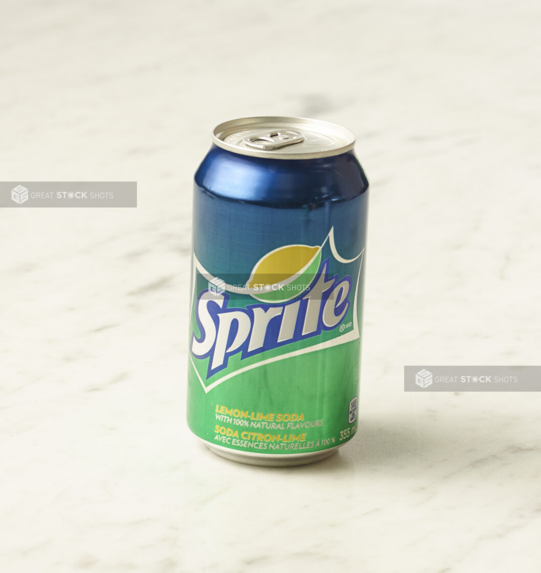 A can of Sprite on a marble background