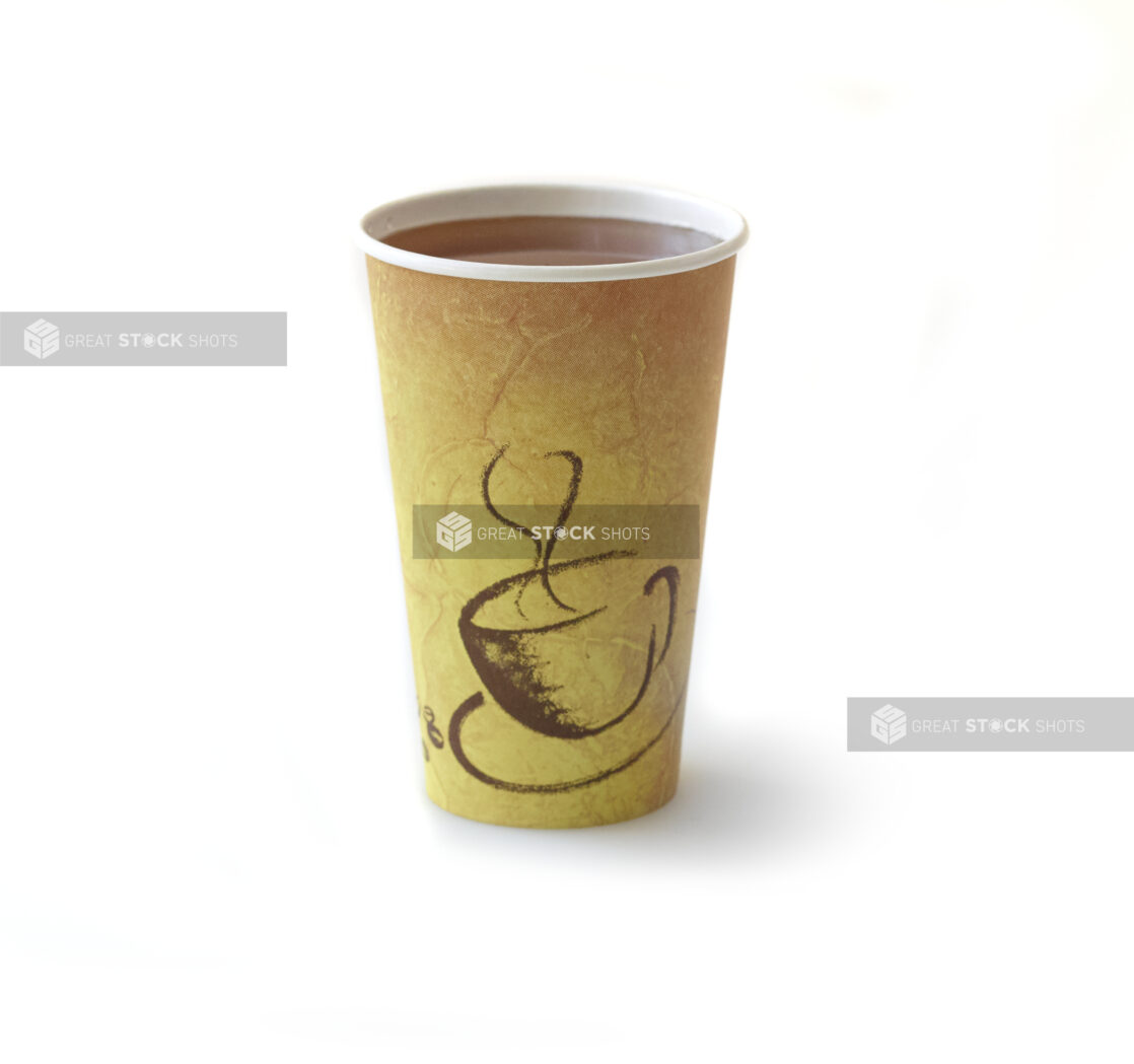 Large Hot Tea in a Generic Take Out Paper Cup, on a White Background for Isolation