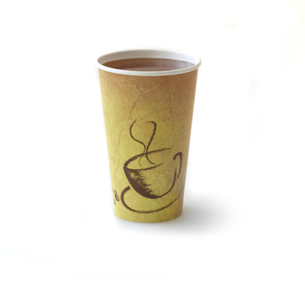 Large Hot Tea in a Generic Take Out Paper Cup, on a White Background for Isolation