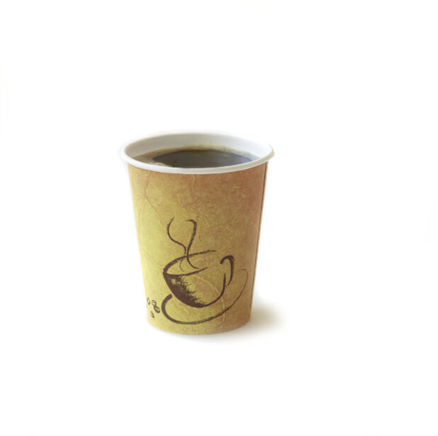 Small Hot Black Coffee in a Generic Take Out Paper Cup, on a White Background for Isolation