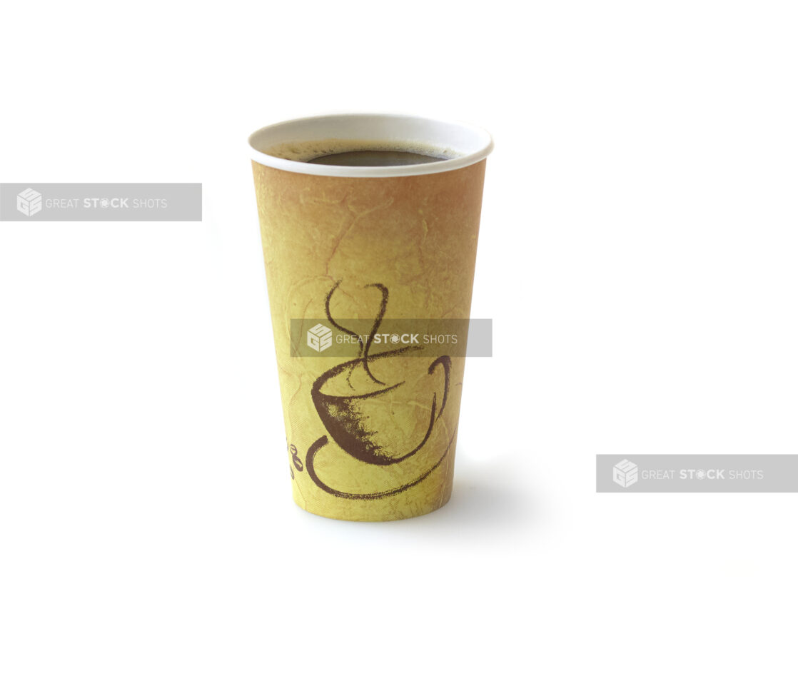 Large Hot Black Coffee in a Generic Take Out Paper Cup, on a White Background for Isolation