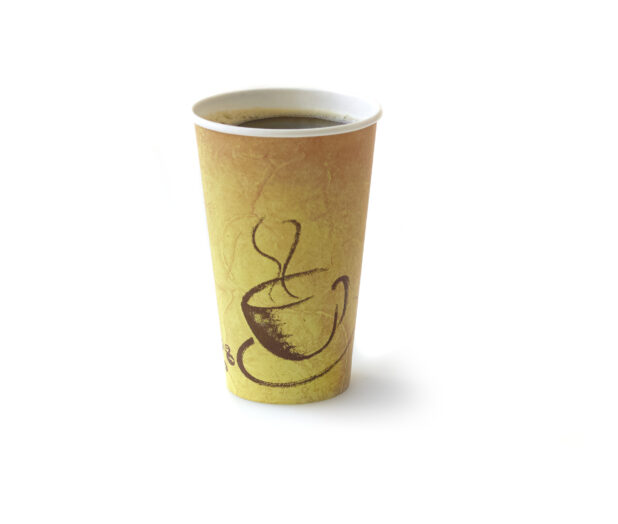 Large Hot Black Coffee in a Generic Take Out Paper Cup, on a White Background for Isolation