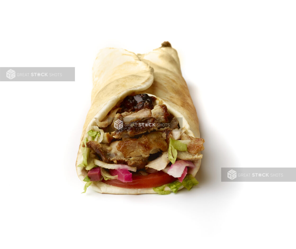 Chicken Shawarma Pita Wrap with Fresh Vegetable Toppings, Shot on White for Isolation