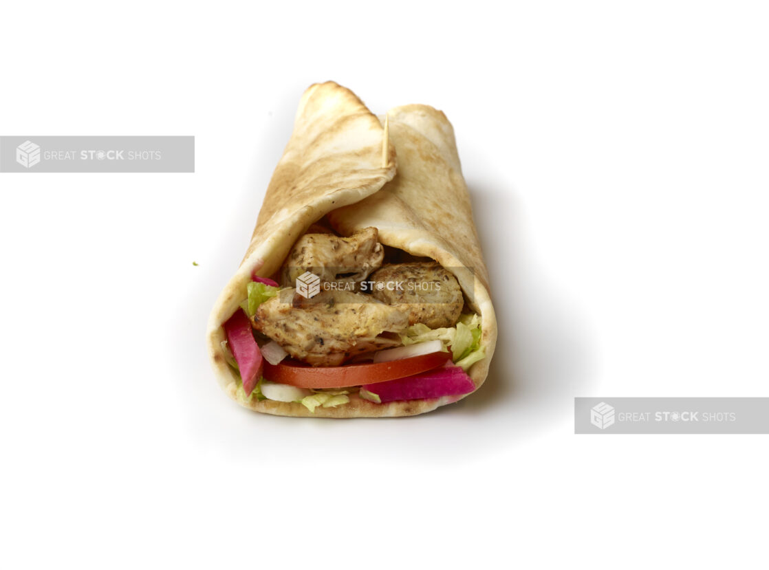 Chicken Souvlaki Pita Wrap with Fresh Vegetable Toppings, Shot on White for Isolation