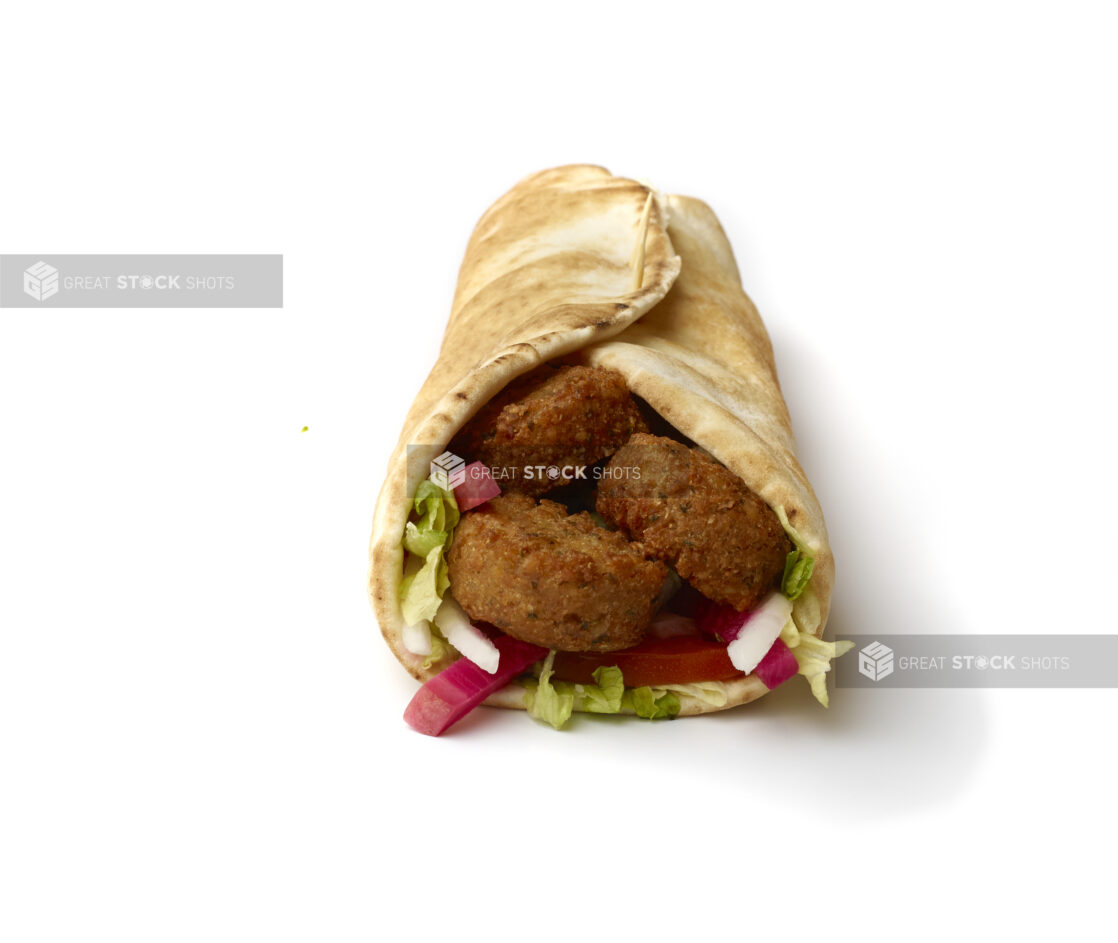 Falafel Pita Wrap with Fresh Vegetable Toppings, Shot on White for Isolation