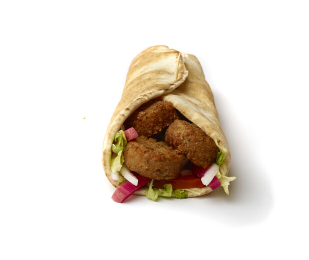 Falafel Pita Wrap with Fresh Vegetable Toppings, Shot on White for Isolation