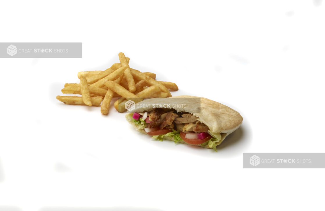 Combo Meal with French Fries and a Chicken Shawarma Pita Pocket Kids Meal, on a White Background for Isolation