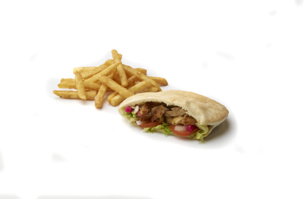 Combo Meal with French Fries and a Chicken Shawarma Pita Pocket Kids Meal, on a White Background for Isolation