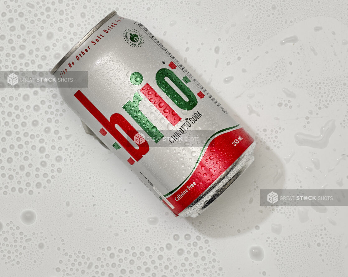 Close Up Overhead View of Brio Chinotto Soda Can Shot on a White Background