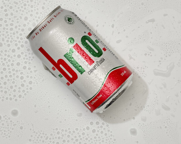 Close Up Overhead View of Brio Chinotto Soda Can Shot on a White Background