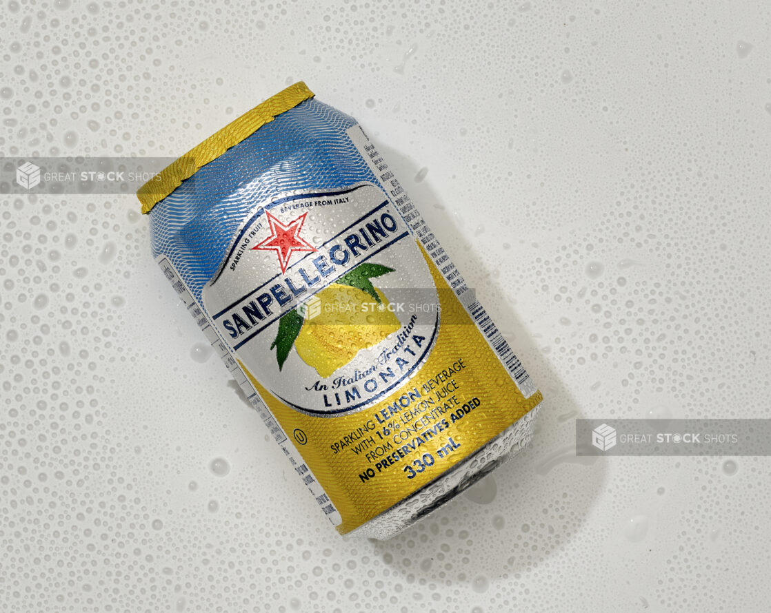 Overhead View of a Can of San Pellegrino Limonata Lemon Sparkling Beverage on a White Background for Isolation