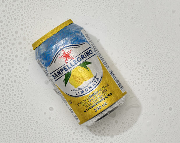 Overhead View of a Can of San Pellegrino Limonata Lemon Sparkling Beverage on a White Background for Isolation