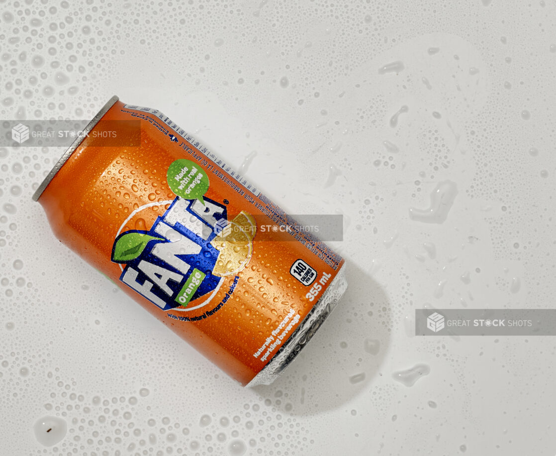 Overhead View of a Can of Fanta Orange Sparkling Beverage, on a White Background for Isolation