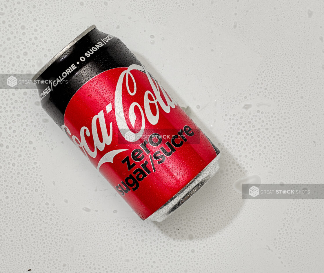 Overhead View of a Can of Coca-Cola Zero Sugar Soda on a White Background for Isolation