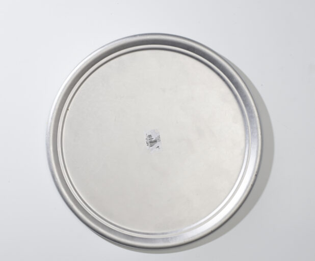 Overhead View of a Brand New Stainless Steel Pizza Tray, on a White Background for Isolation