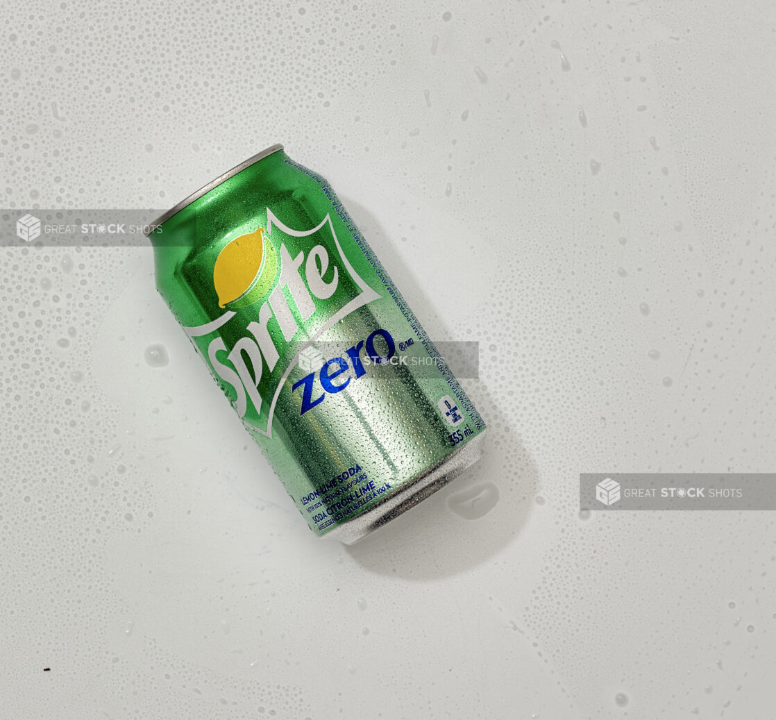 Overhead View of a Can of Sprite Zero Sugar Lemon Lime Soda on a White Background for Isolation