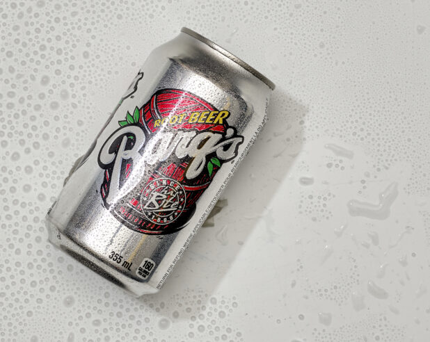 Overhead View of a Can of Barq's Root Beer, on a White Background for Isolation