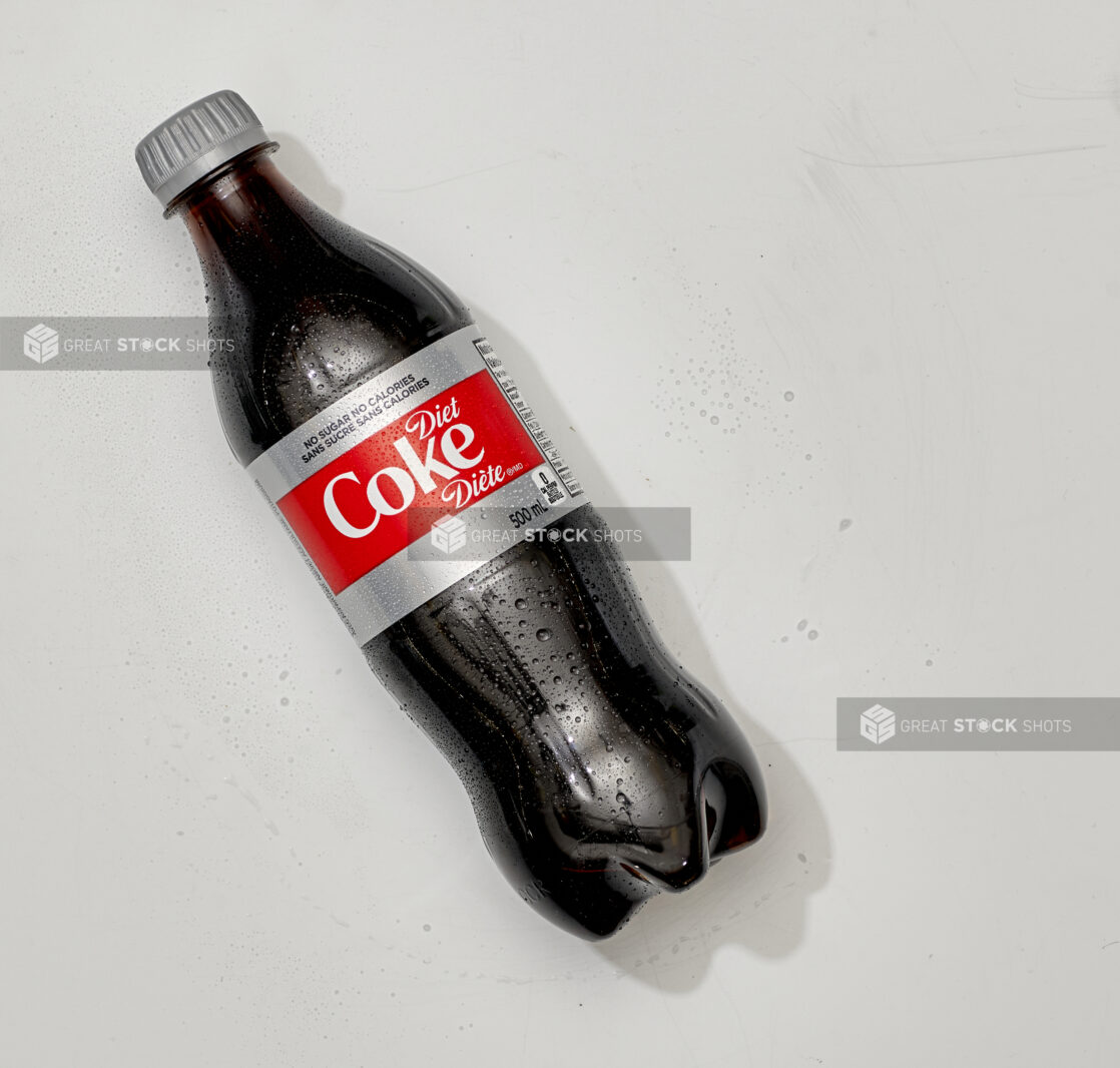 Overhead View of Diet Coke in a Plastic Bottle, on a White Background for Isolation