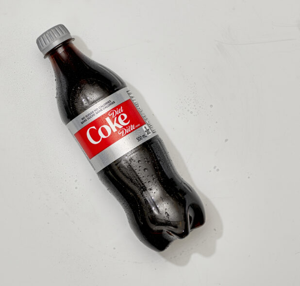 Overhead View of Diet Coke in a Plastic Bottle, on a White Background for Isolation