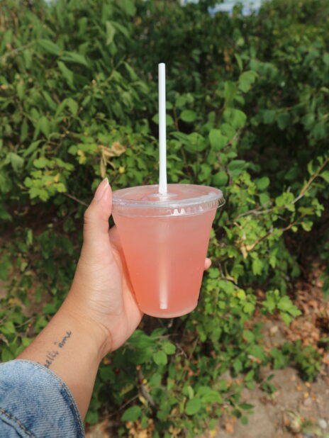 Hand holding up a strawberry lemonade outside infront of a shrub