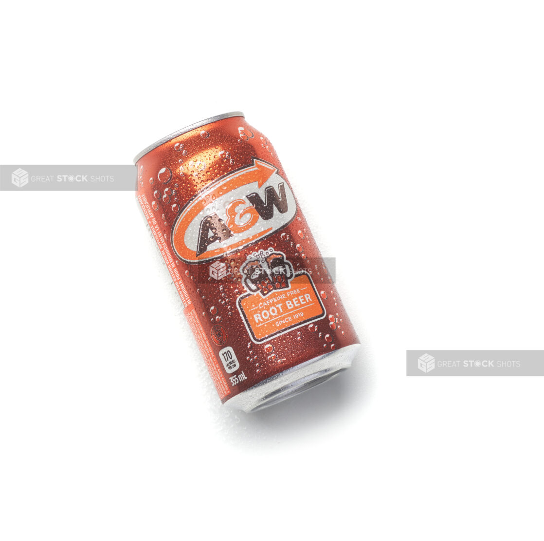 Can of A&W root beer, on an angle, on a white background