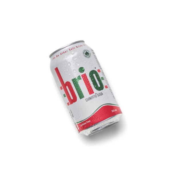 Can of Brio, chinotto soda, on an angle on a white background