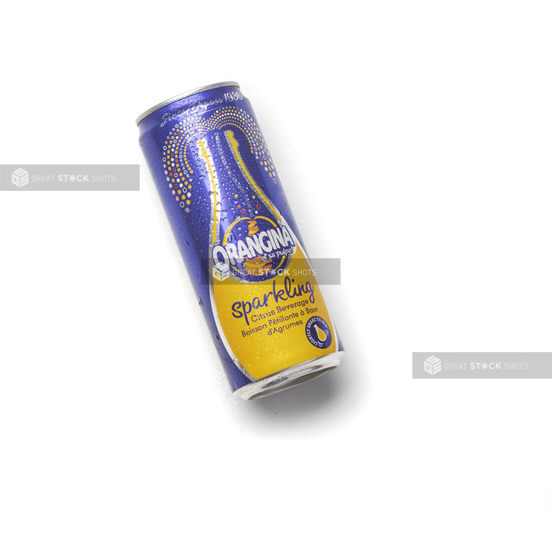 Sparkling Orangina, citrus beverage, in a can on an angle on a white background