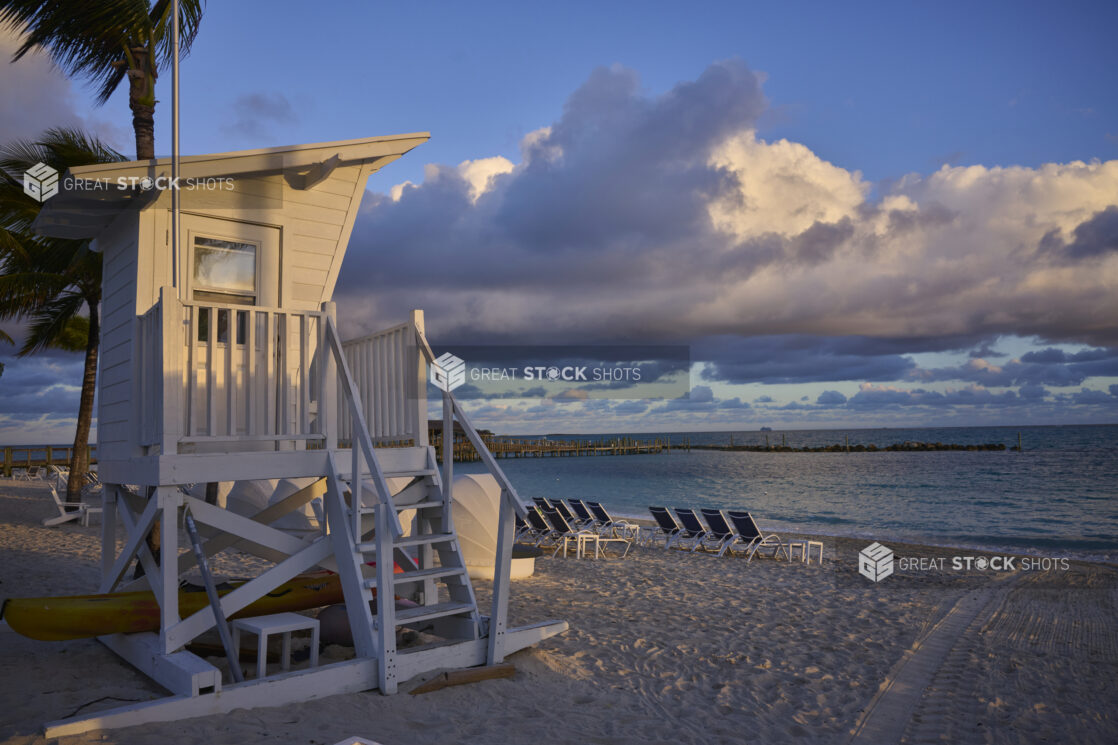 White Wooden Lifeguard Post on a White Sandy Beach in a Resort in Nassau, Bahamas