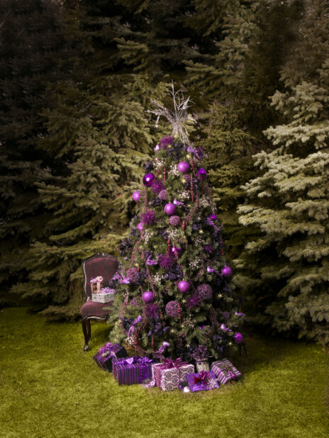 Purple Themed Christmas Tree with Decorations and Presents in an Outdoor Nature Setting with Evergreens and an Antique Chair