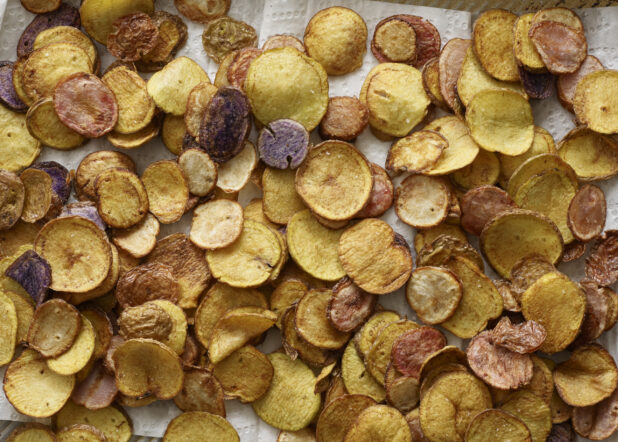 Overhead View of Homemade Freshly Fried Potato Chips Made of Assorted Types of Potatoes on a Sheet Pan in an Indoor Setting