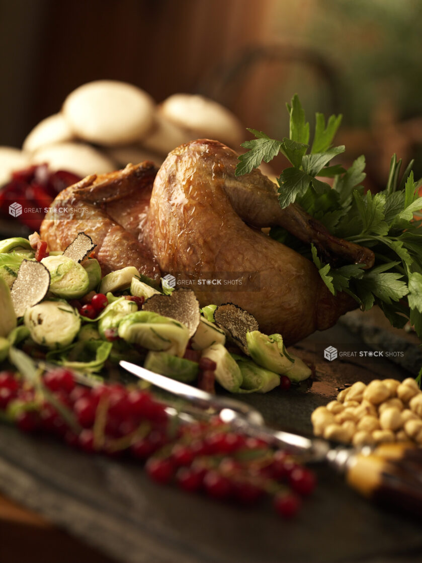 Close Up of a Roasted Turkey Leg with a Side of Brussels Sprouts, Black Truffle Shavings, Red Currants and Chick Peas on a Wooden Platter in an Indoor Setting