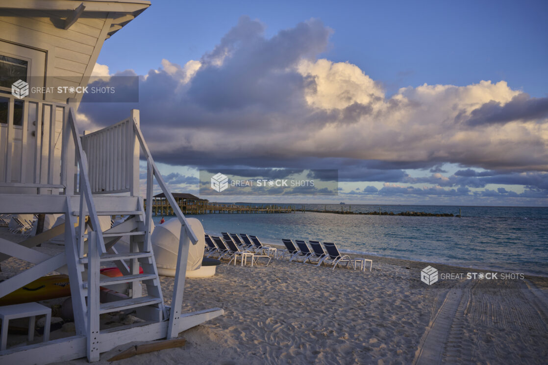 White Wooden Lifeguard Post on a White Sandy Beach in a Resort in Nassau, Bahamas - Variation