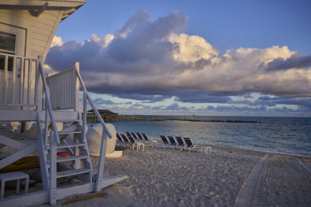 White Wooden Lifeguard Post on a White Sandy Beach in a Resort in Nassau, Bahamas - Variation