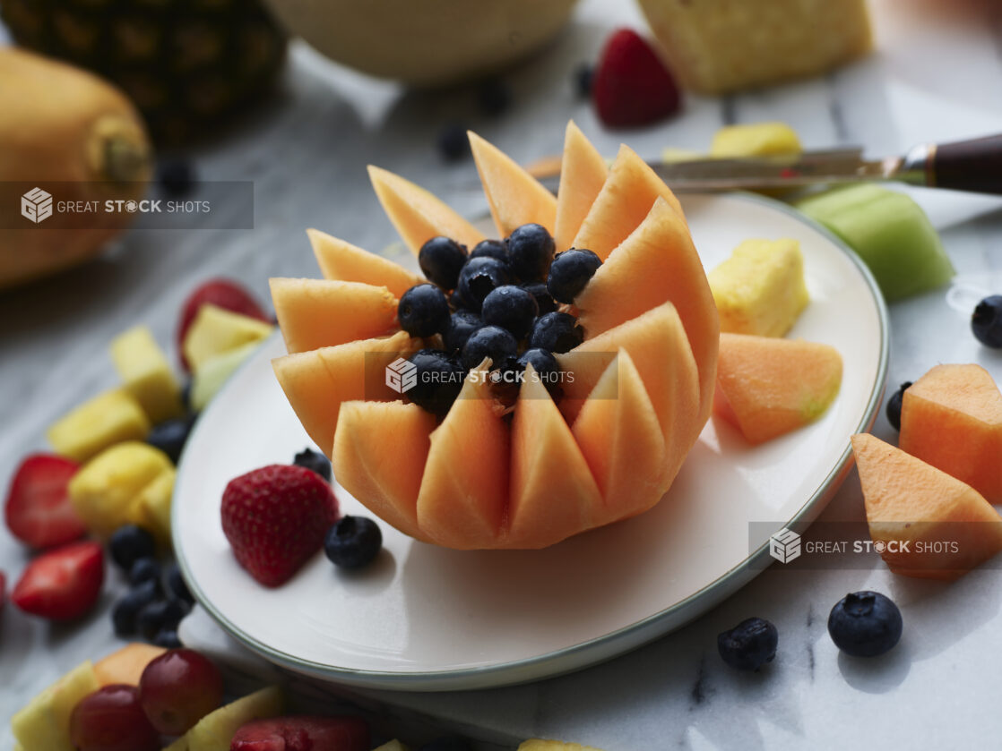 Decorative canteloupe bowl filled with blueberries on a round white plate with various berries and chunks of fruit surrounding