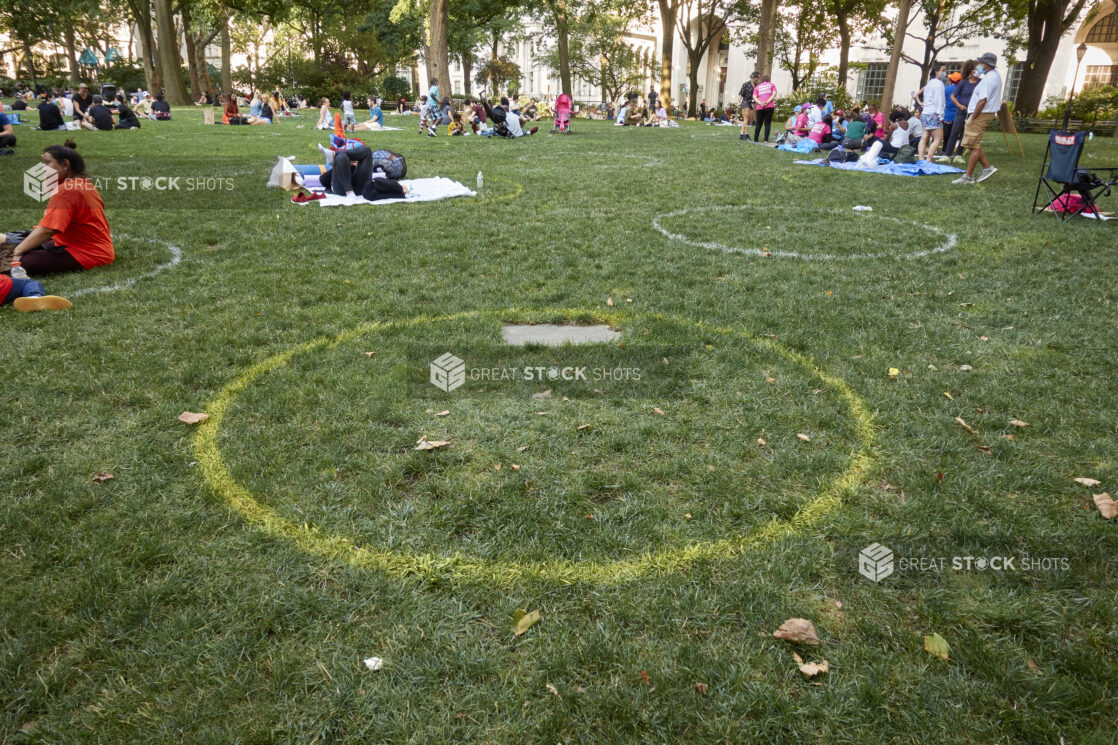 Close Up of a Social Distancing Circle in a Busy City Park in New York City During the Pandemic