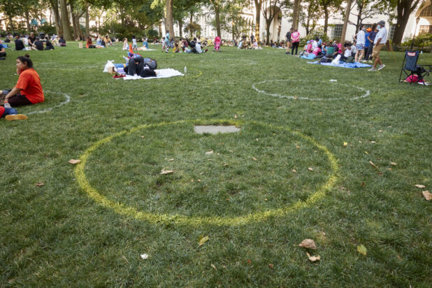 Close Up of a Social Distancing Circle in a Busy City Park in New York City During the Pandemic