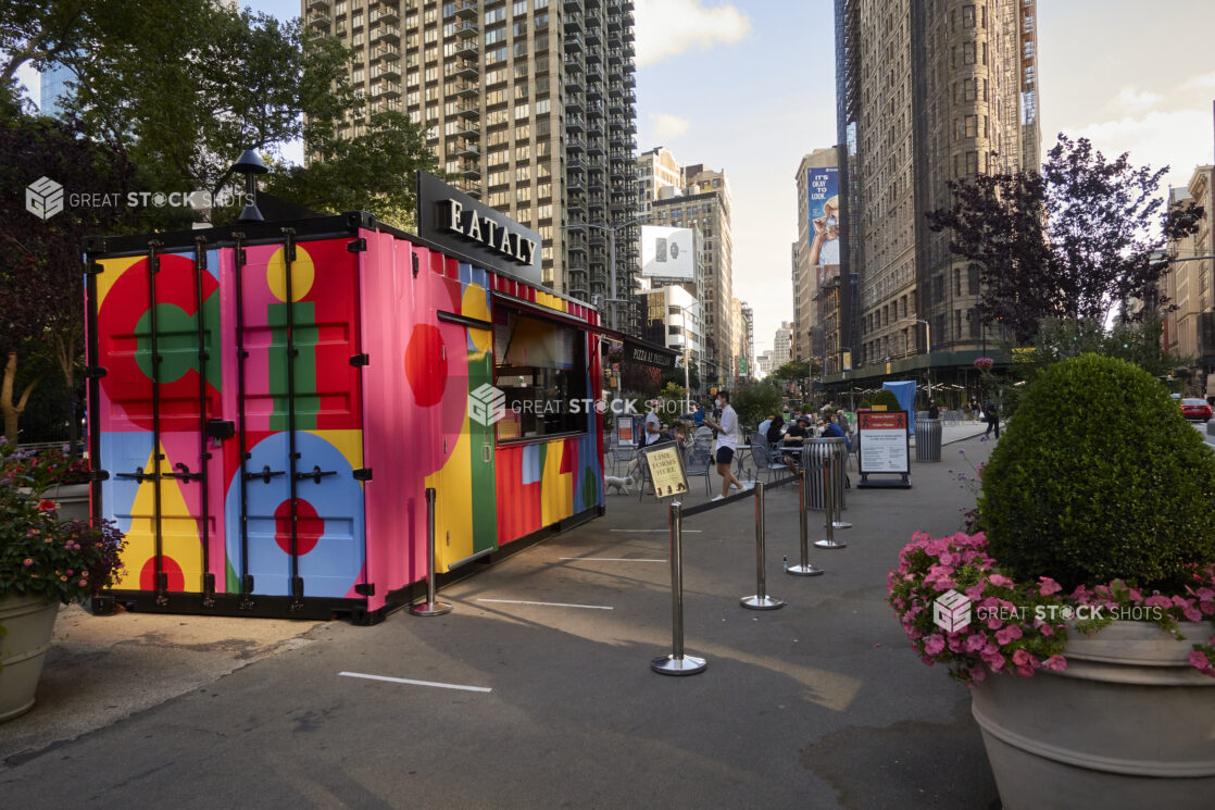 View of the Eataly Kiosk in the Flatiron Public Plaza During the Pandemic in New York City