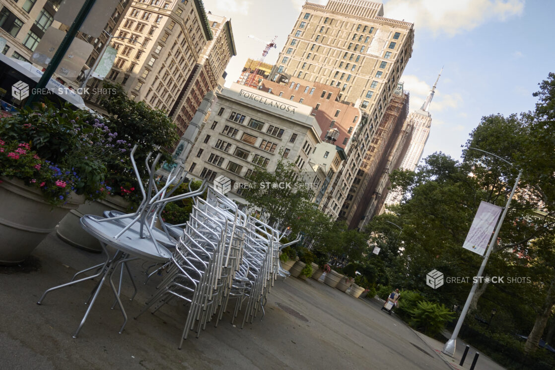 Stacked Chairs and Tables in a Deserted Flatiron Public Plaza During the Pandemic Lockdown in New York City