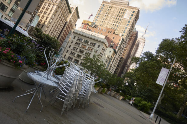 Stacked Chairs and Tables in a Deserted Flatiron Public Plaza During the Pandemic Lockdown in New York City